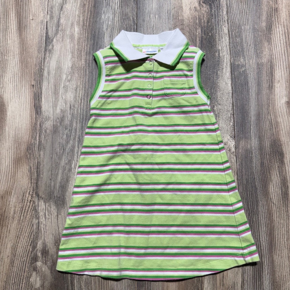 Retro Kid Connection Polo Dress Green Pink Striped Sleeveless Preppy 24M